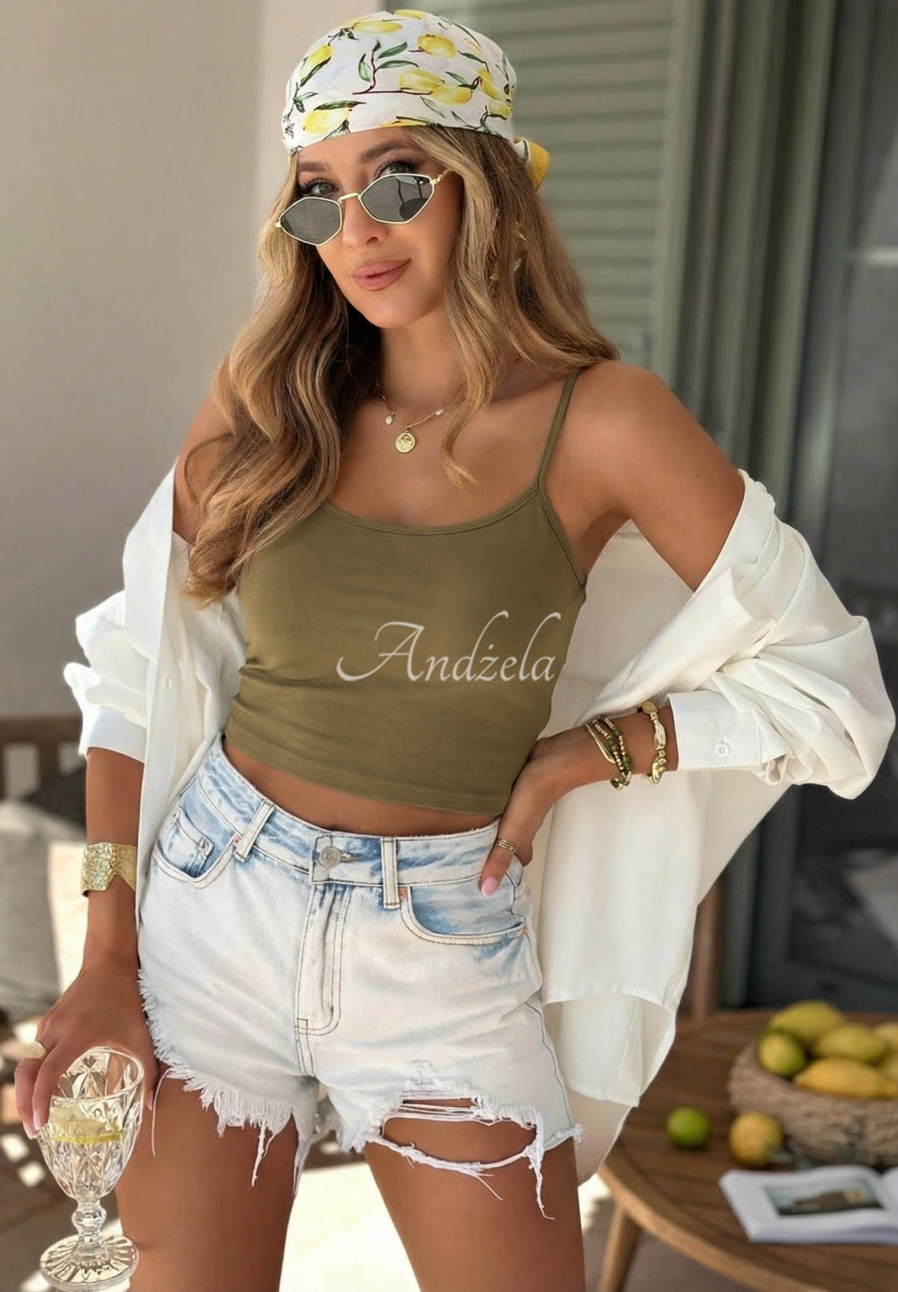 Top                             scurt din bumbac cu bretele Viva Oliva