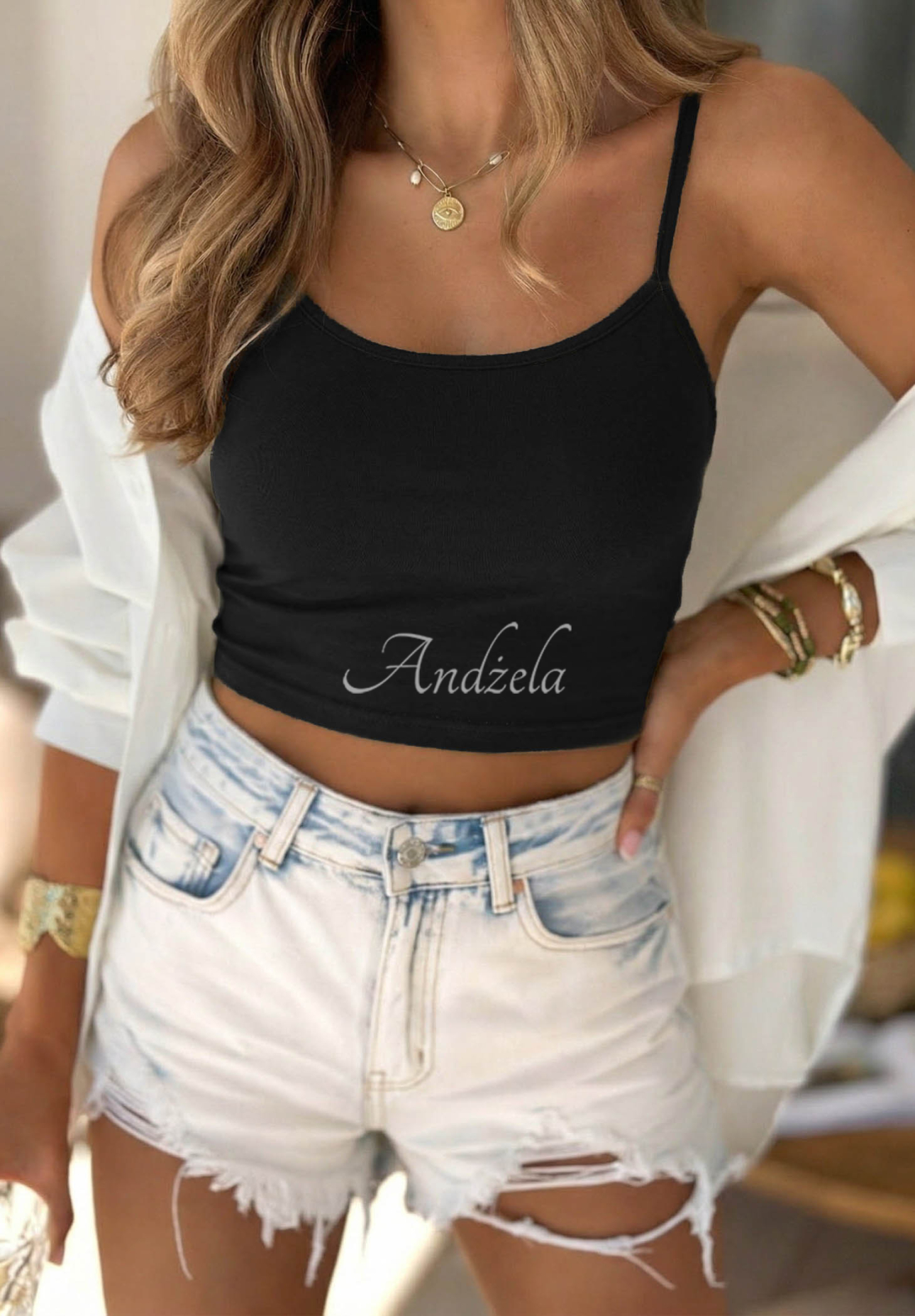 Top                             scurt din bumbac cu bretele Viva Oliva