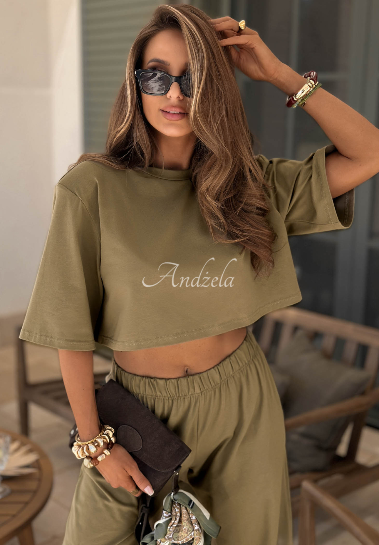 Tricou din bumbac cu pernițe pe umeri Viva Oliva