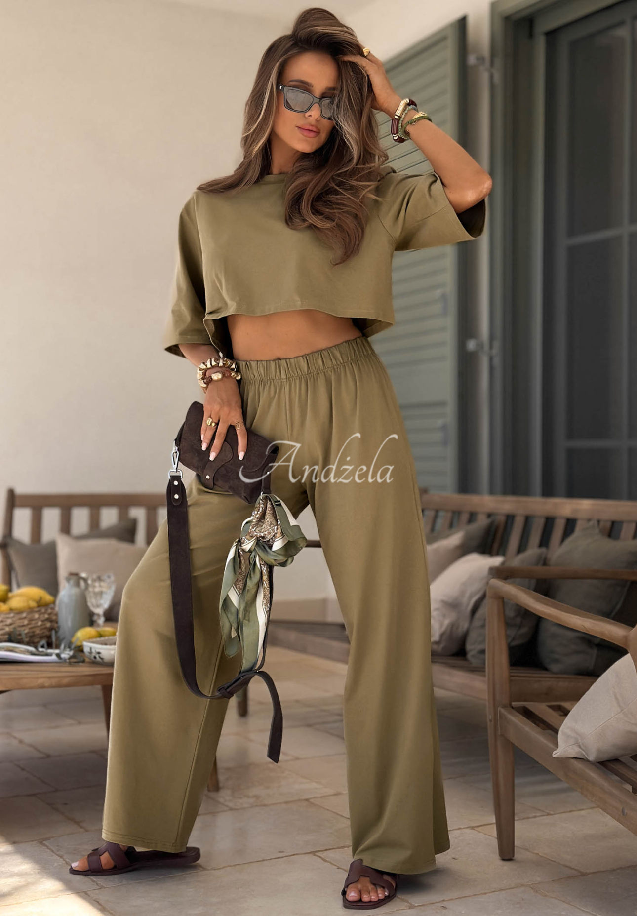 Pantaloni de trening din bumbac wide leg Viva Oliva