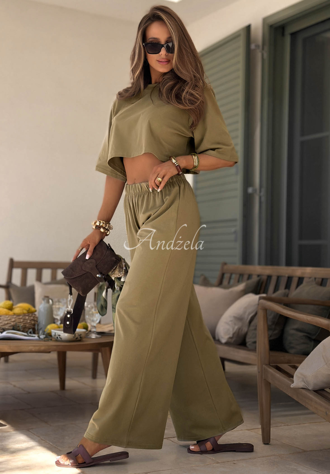 Pantaloni de trening din bumbac wide leg Viva Oliva