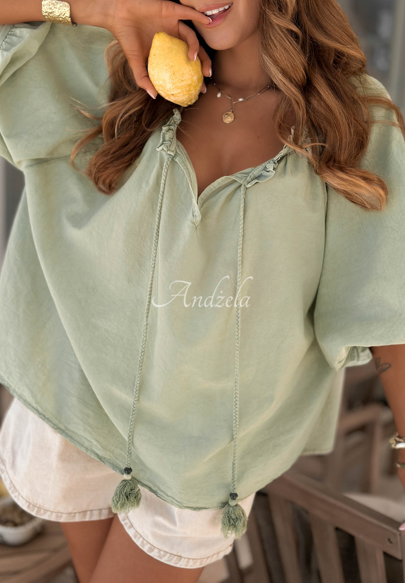 Bluză din bumbac cu mâneci bufante și legare la decolteu Bellanova