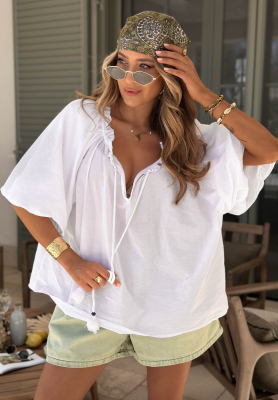 Bluză din bumbac cu m&acirc;neci bufante și legare la decolteu Bellanova