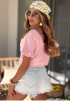 Bawełniany Tricou z falbankami Ask For More roz pudră
