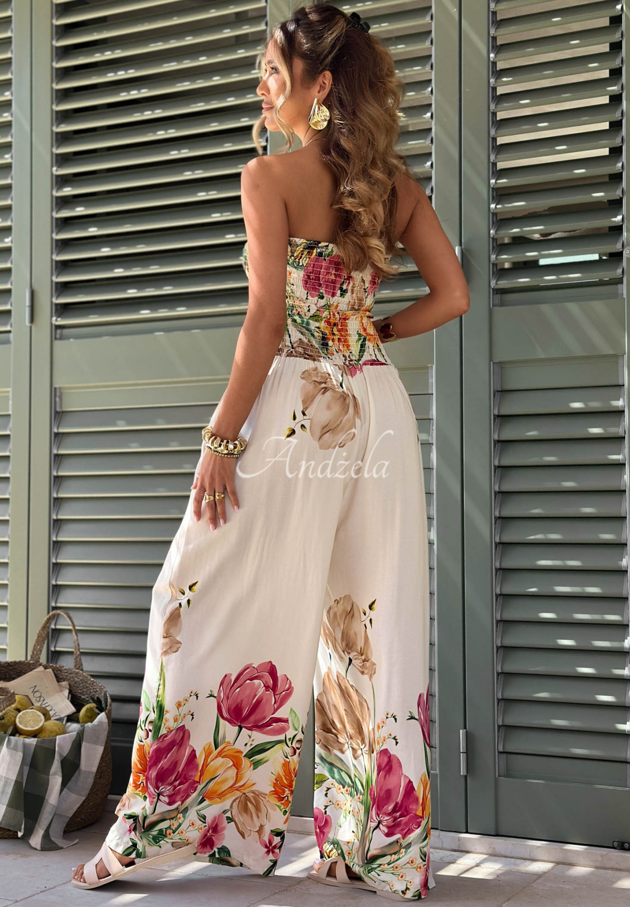 Salopetă lungă din viscoză fără bretele cu imprimeu floral Riviera Blossom