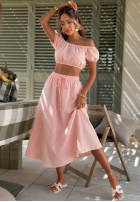 Compleu Scurtă Bluză i rozkloszowana Fustă w kratkę Flamingo Sunset roz