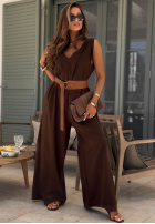 Długi lniany Salopetă z szerokimi nogawkami i paskiem Tanala kaki