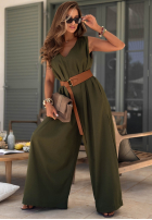 Długi lniany Salopetă z szerokimi nogawkami i paskiem Tanala kaki