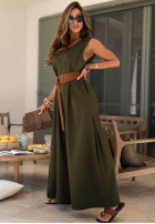 Długi lniany Salopetă z szerokimi nogawkami i paskiem Tanala kaki