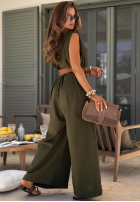 Długi lniany Salopetă z szerokimi nogawkami i paskiem Tanala kaki