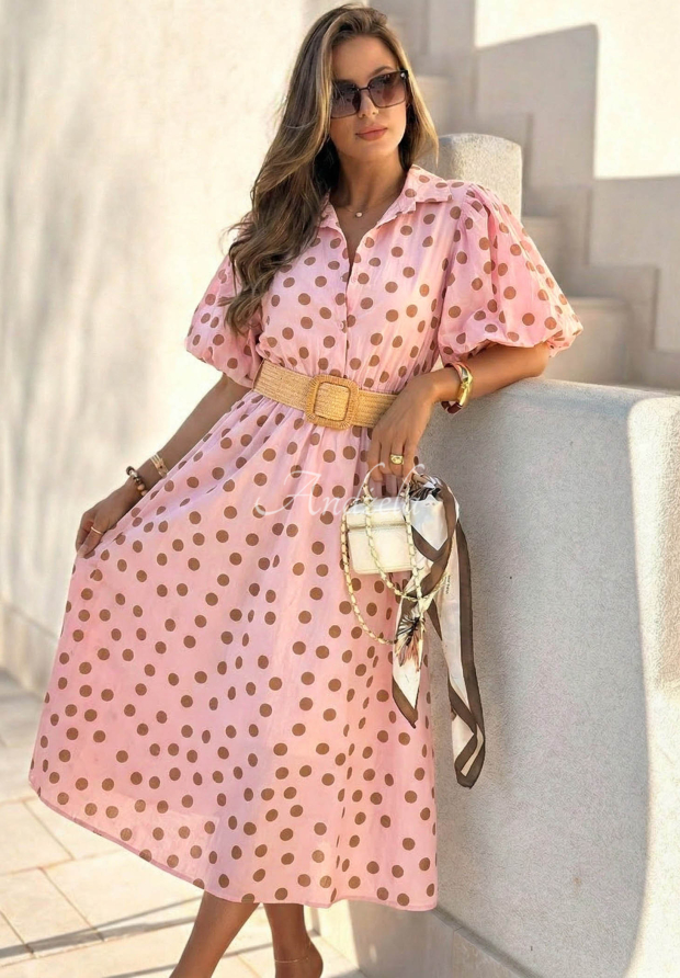 Bawełniana Rochie midi w Buline z bufkami i paskiem Hello Bellissima roz
