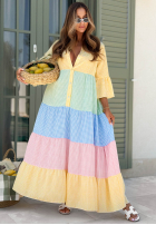 Rozkloszowana Rochie midi w kratę Ocean Sunset żółto-albastră