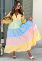 Rozkloszowana Rochie midi w kratę Ocean Sunset żółto-albastră