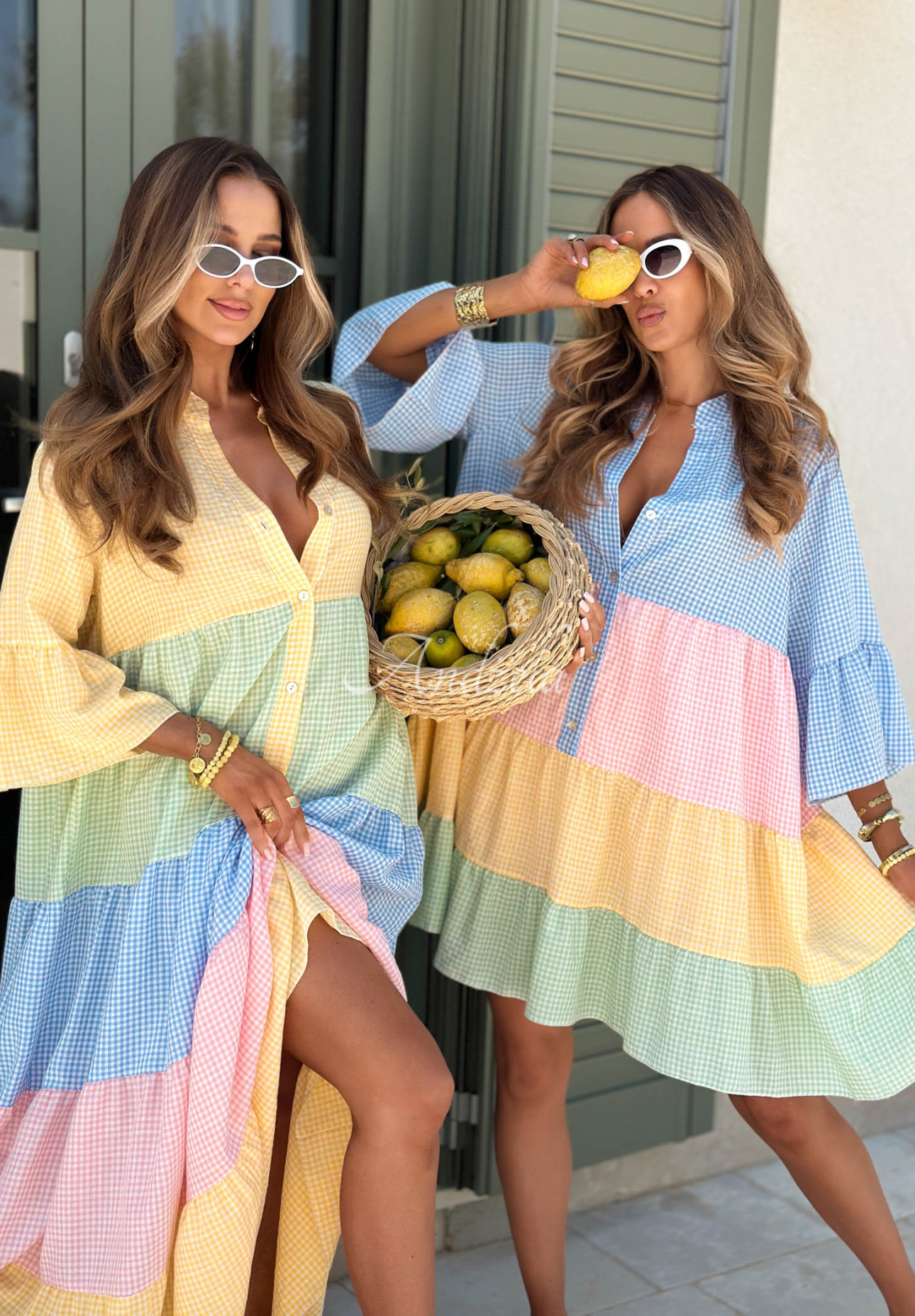 Rochie maxi evazată din viscoză în carouri Ocean Sunset