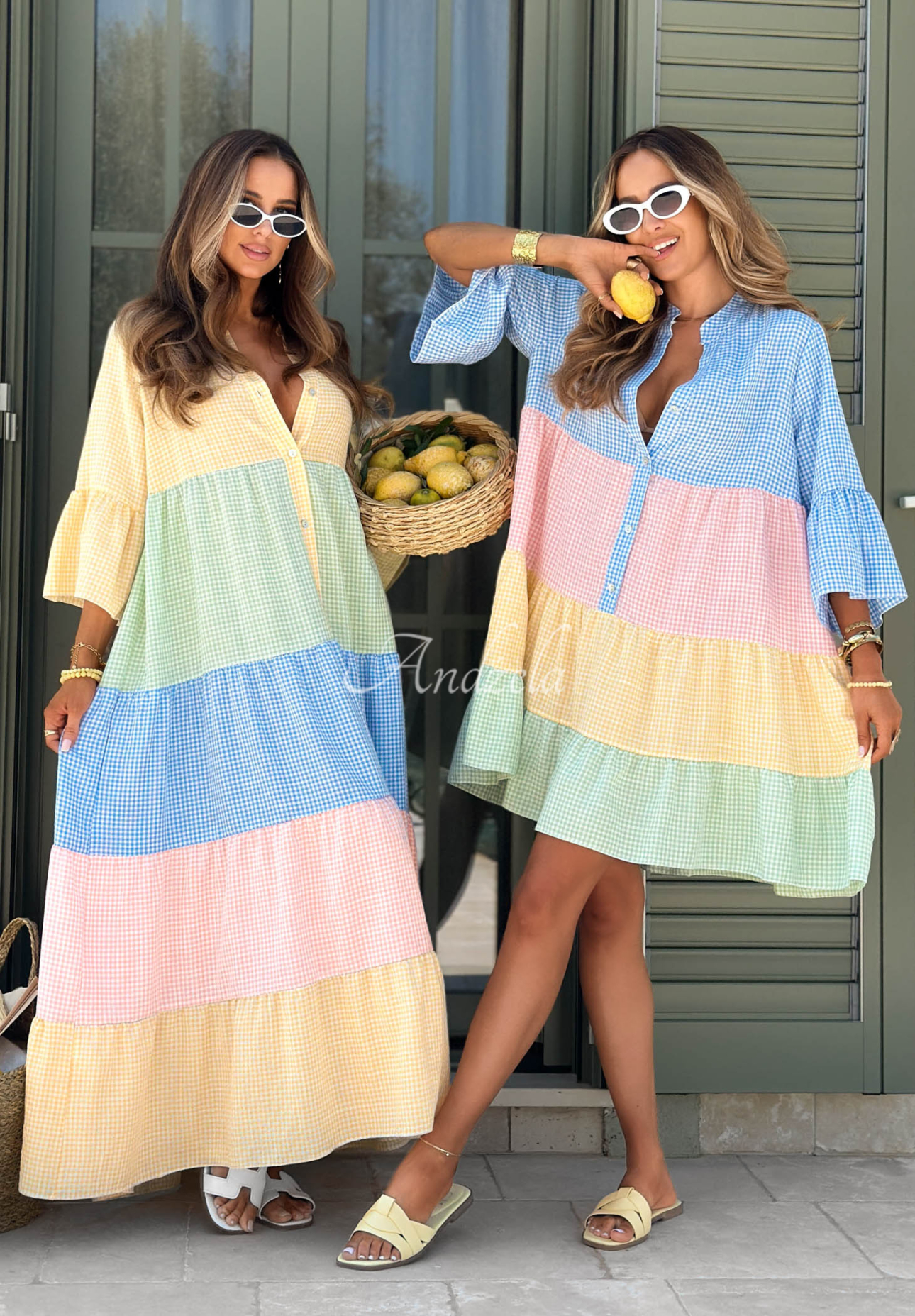 Rochie maxi evazată din viscoză în carouri Ocean Sunset