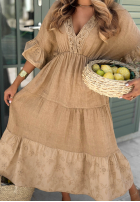Rochie maxi z ażurowymia akcentami boho Tuscan Sunshine camel