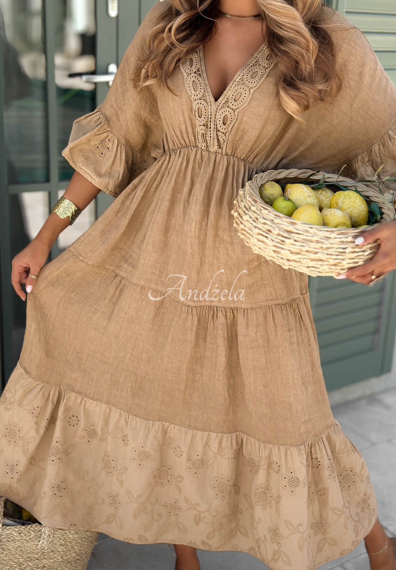Rochie maxi din in cu accente ajurate boho Tuscan Sunshine