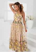 Tiulowa Rochie maxi na jedno ramię z haftowanymi kwiatami Miss Fiori bej