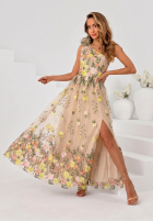 Tiulowa Rochie maxi na jedno ramię z haftowanymi kwiatami Miss Fiori bej