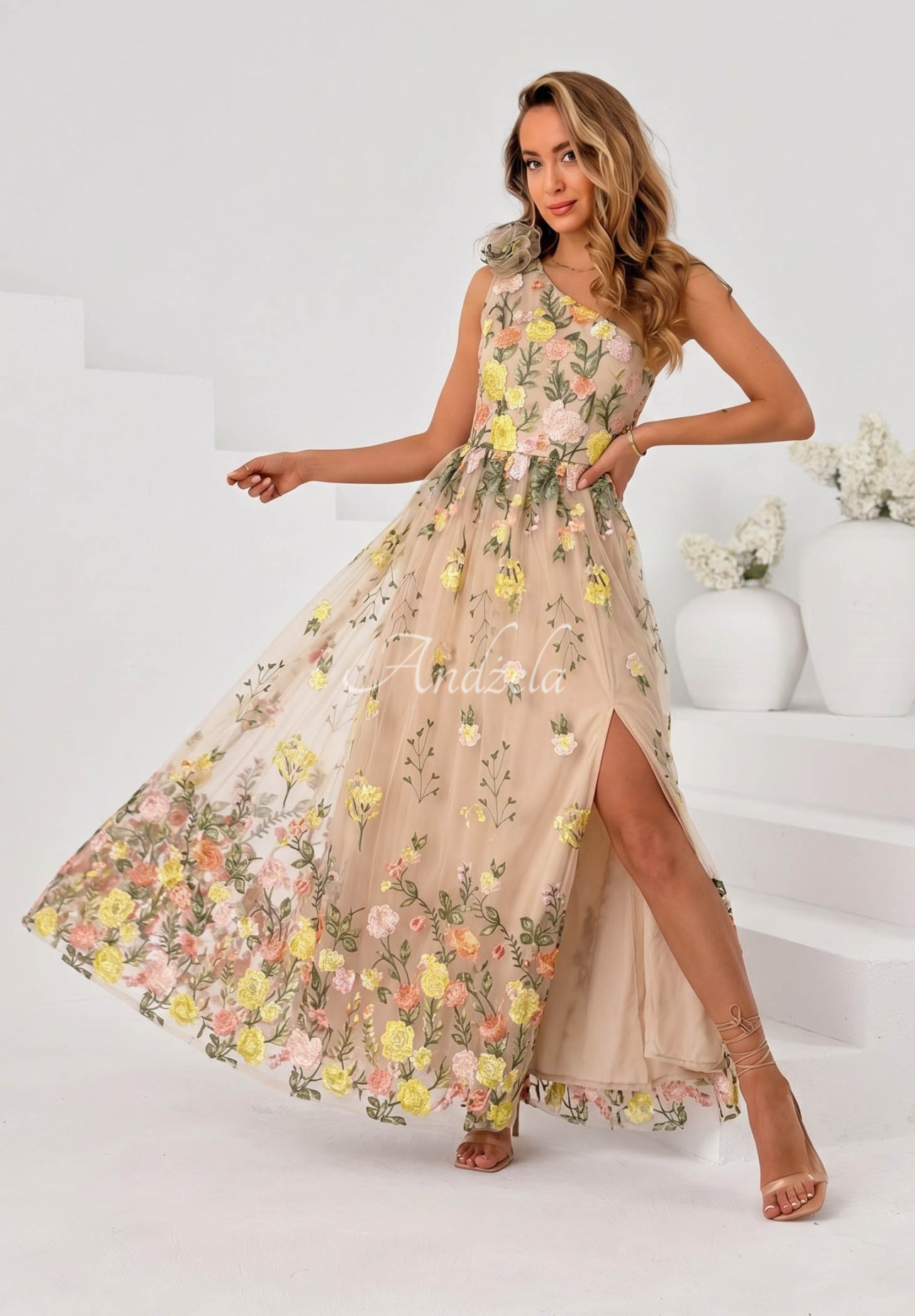 Rochie maxi din tul cu flori brodate Fairy Bloom