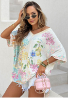 Wzorzysta Bluză oversize z dekoltem Dolce Capri ecru