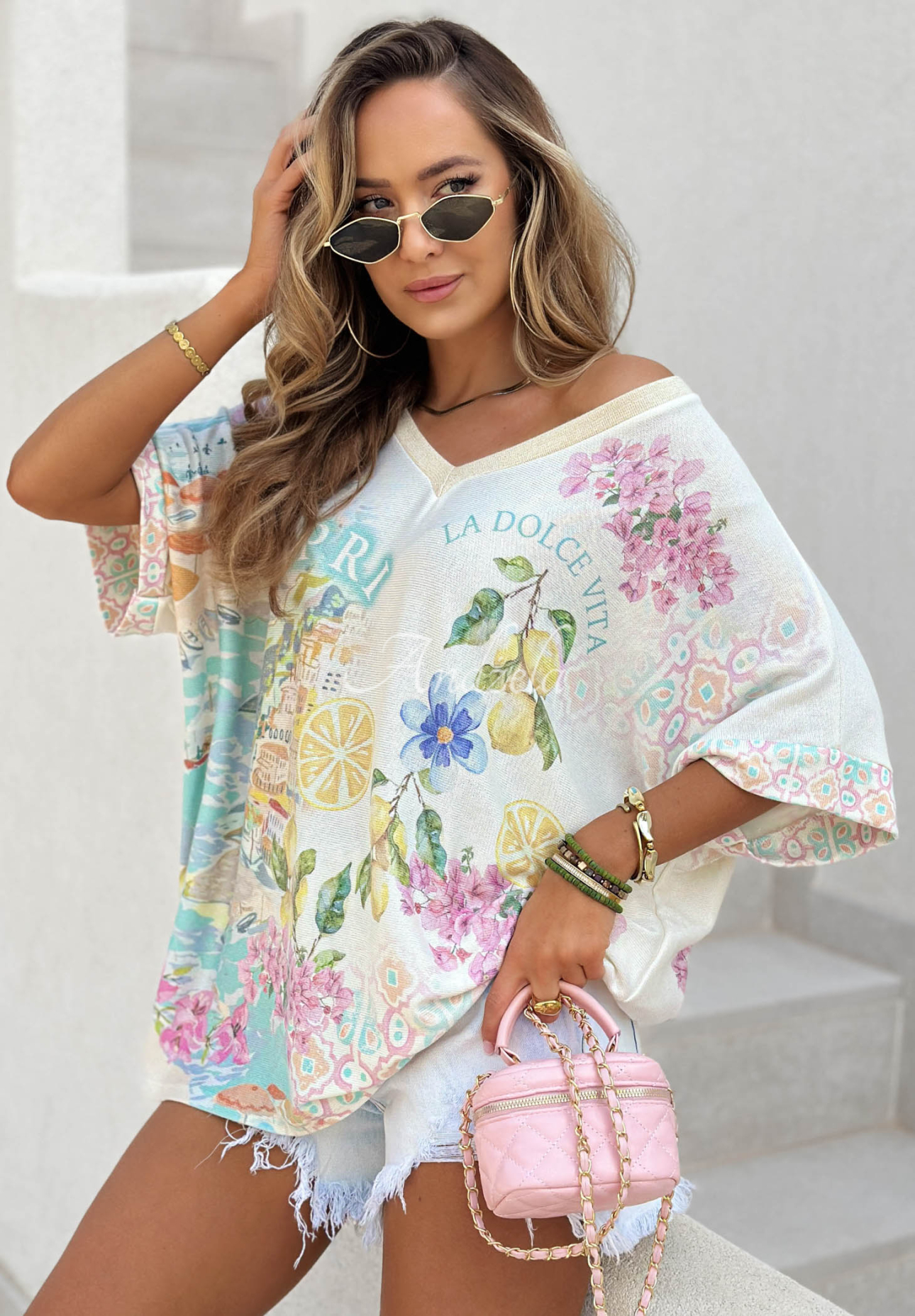 Bluză din viscoză oversize cu imprimeu Dolce Capri