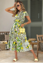 Wzorzysta Rochie midi z paskiem w cytrynki Fresh Lemonade biało-verde