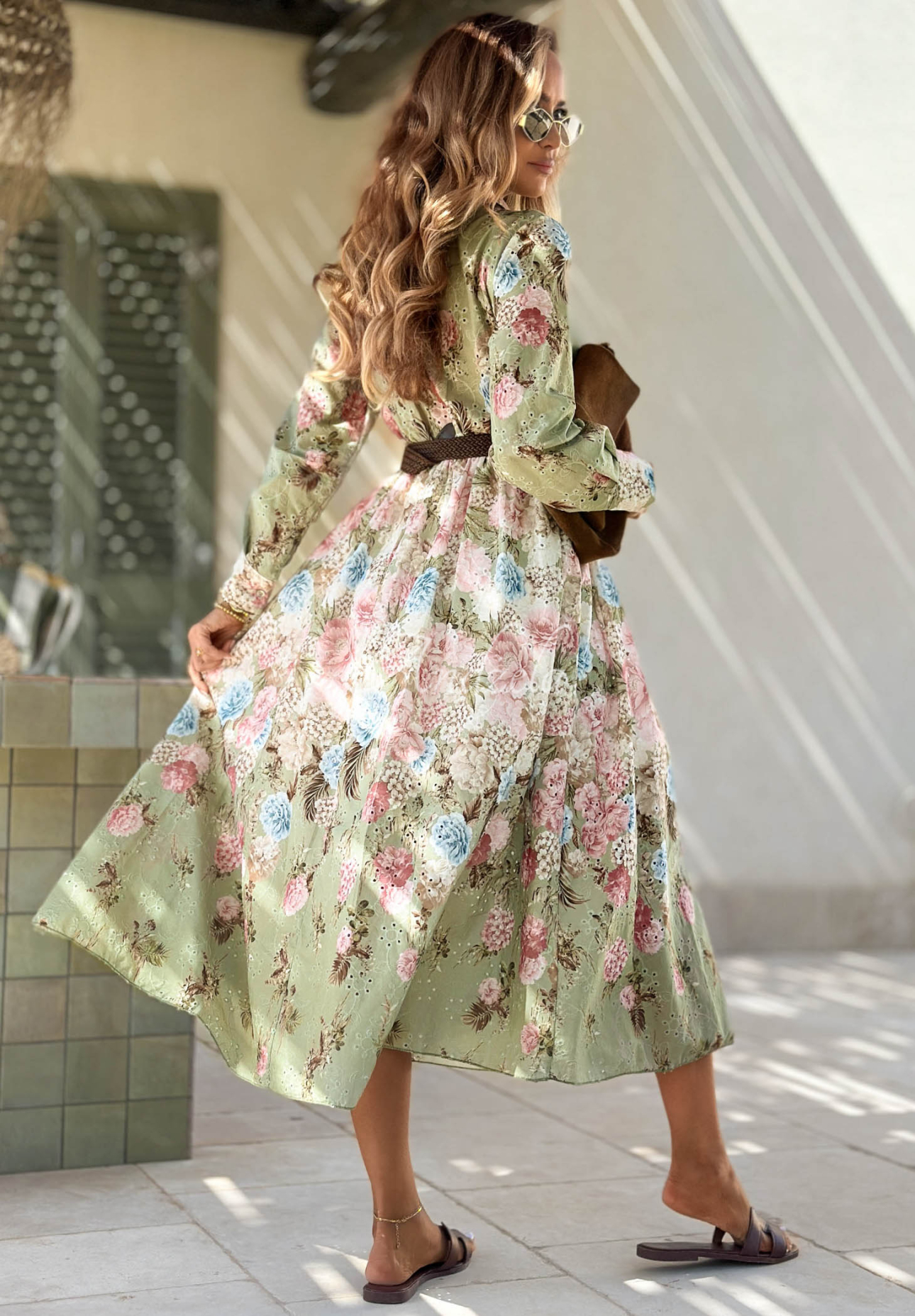 Rochie midi din bumbac ajurat cu imprimeu floral Floribella
