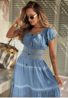 Haftowana Rochie midi z bufkami Sunny Breeze albastră