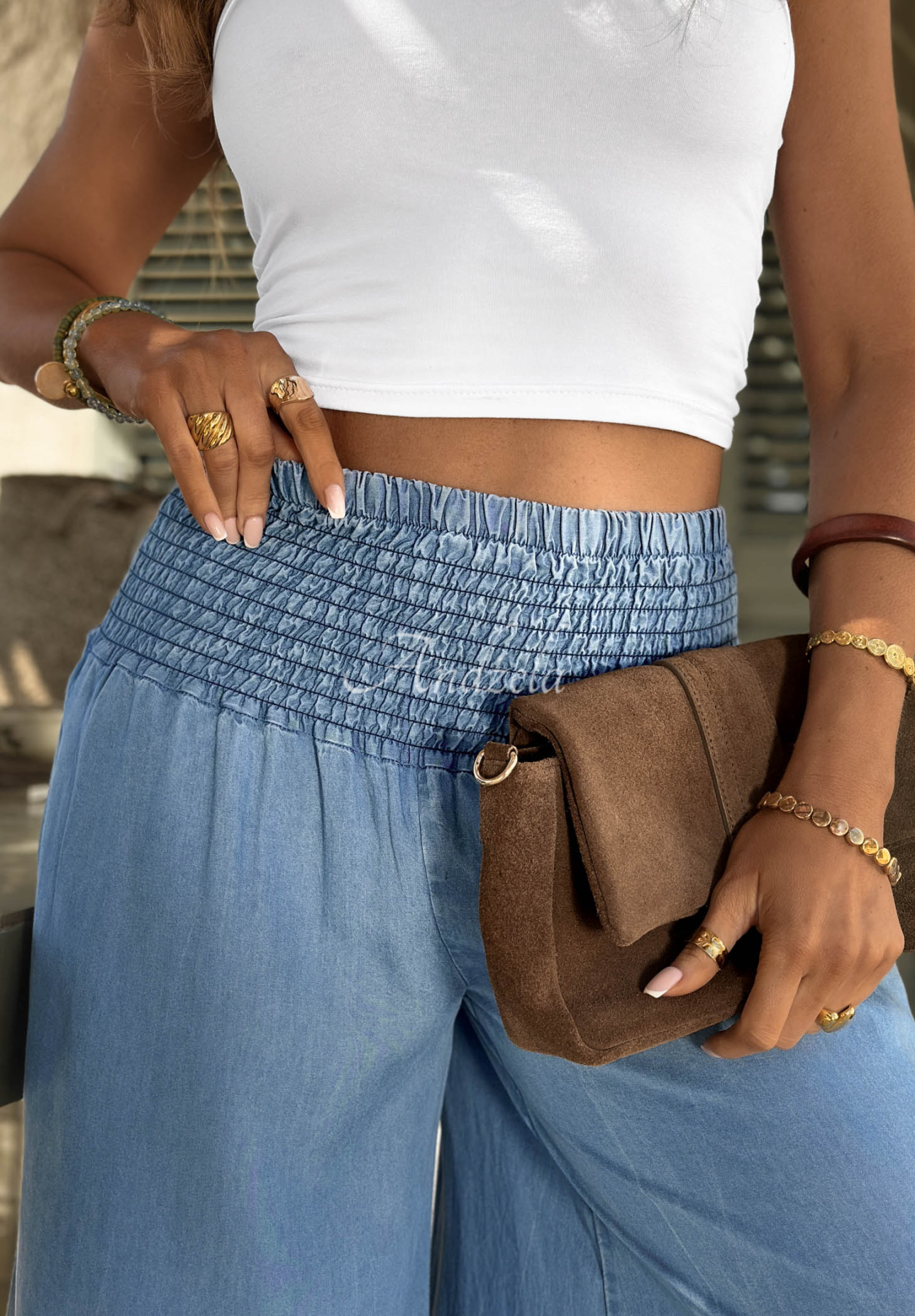 Pantaloni din material cu bandă elastică în talie din lyocell Italian Sky