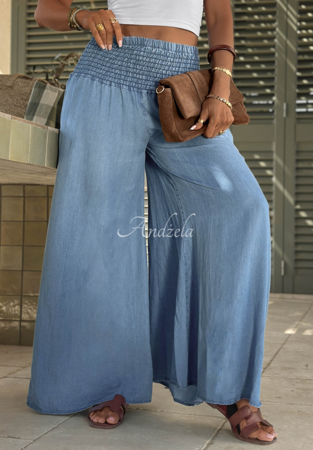 Pantaloni din material cu bandă elastică &icirc;n talie din lyocell Italian Sky