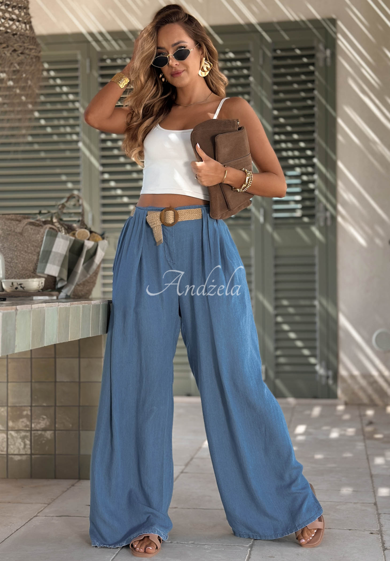 Pantaloni din viscoză wide leg cu curea Sun Charm