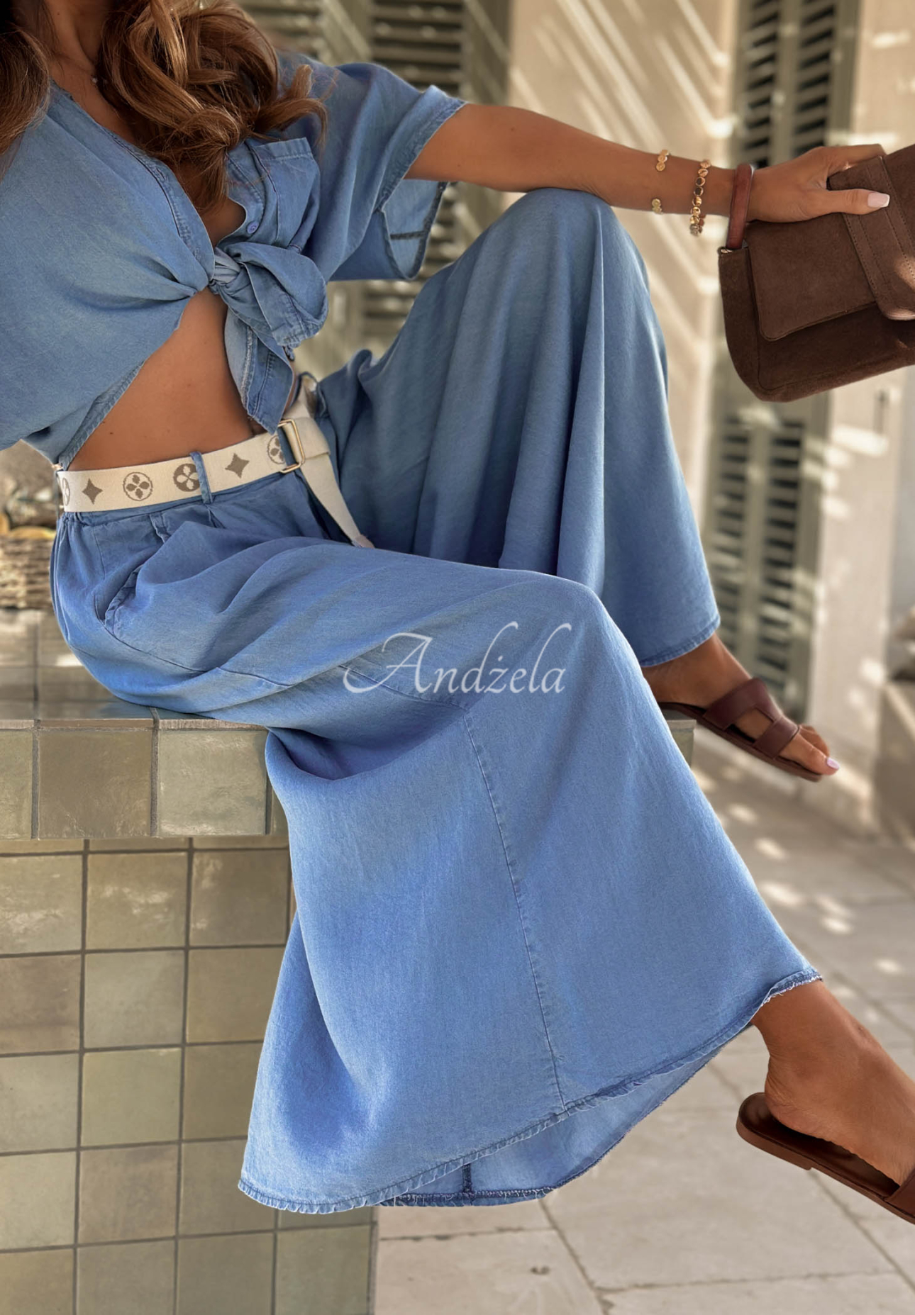 Pantaloni din material wide leg din lyocell Italian Sky