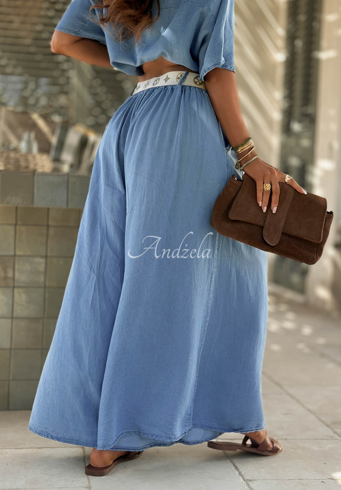 Pantaloni din material wide leg din lyocell Italian Sky