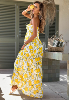 Rochie maxi bez ramiączek w cytrynki Sunny Lemons biało-bej