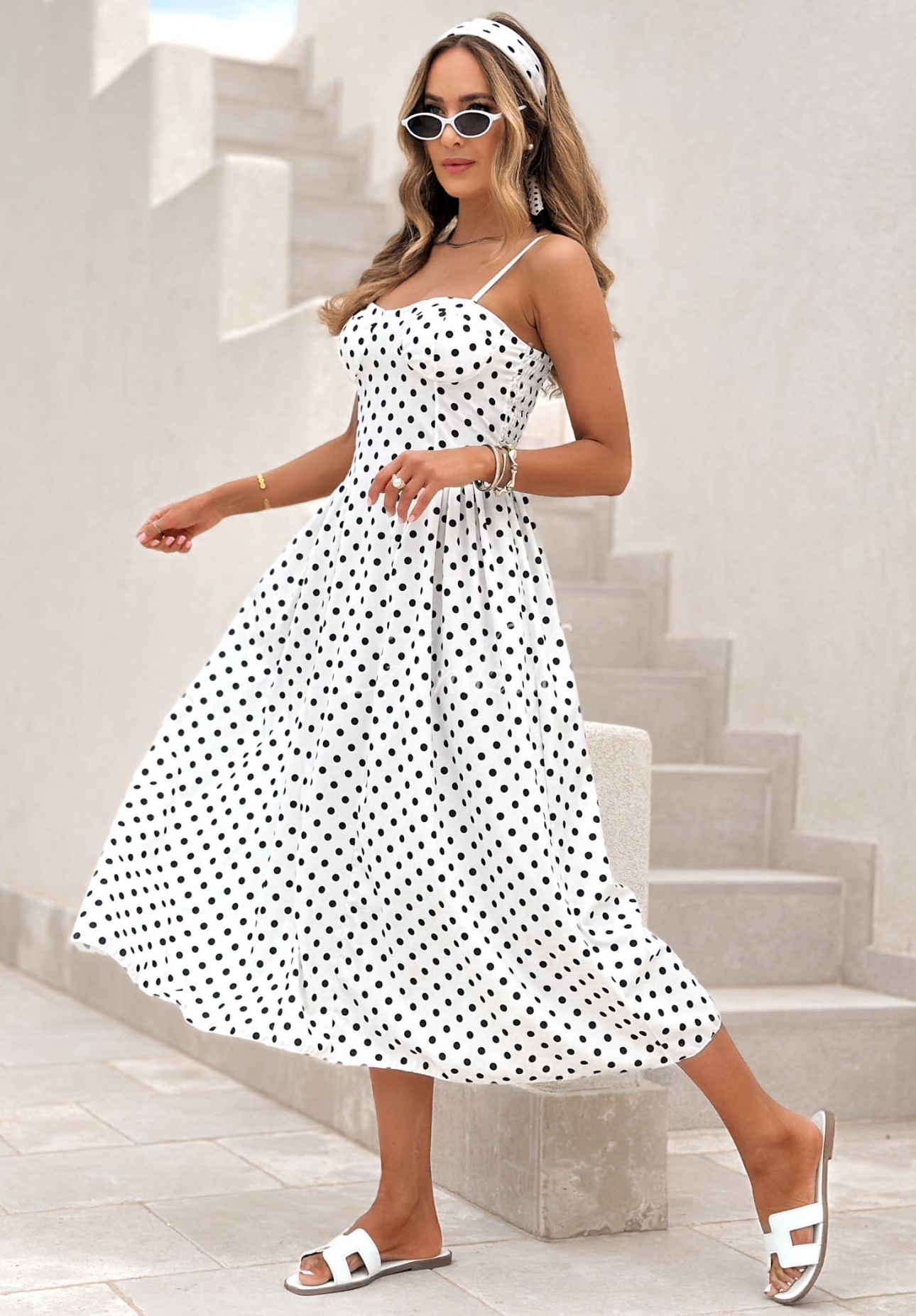 Rochie midi tip corset cu bretele cu buline Bella Dots