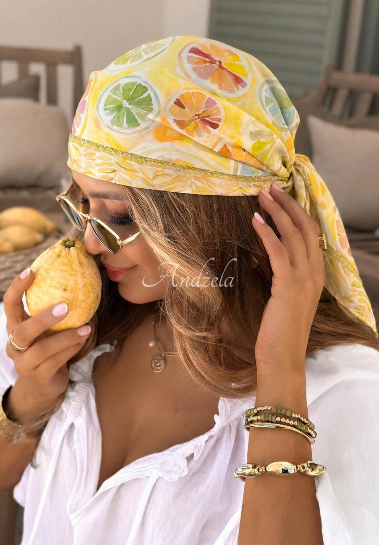 Eșarfă din viscoză cu imprimeu cu lămâi Lemon Vibe