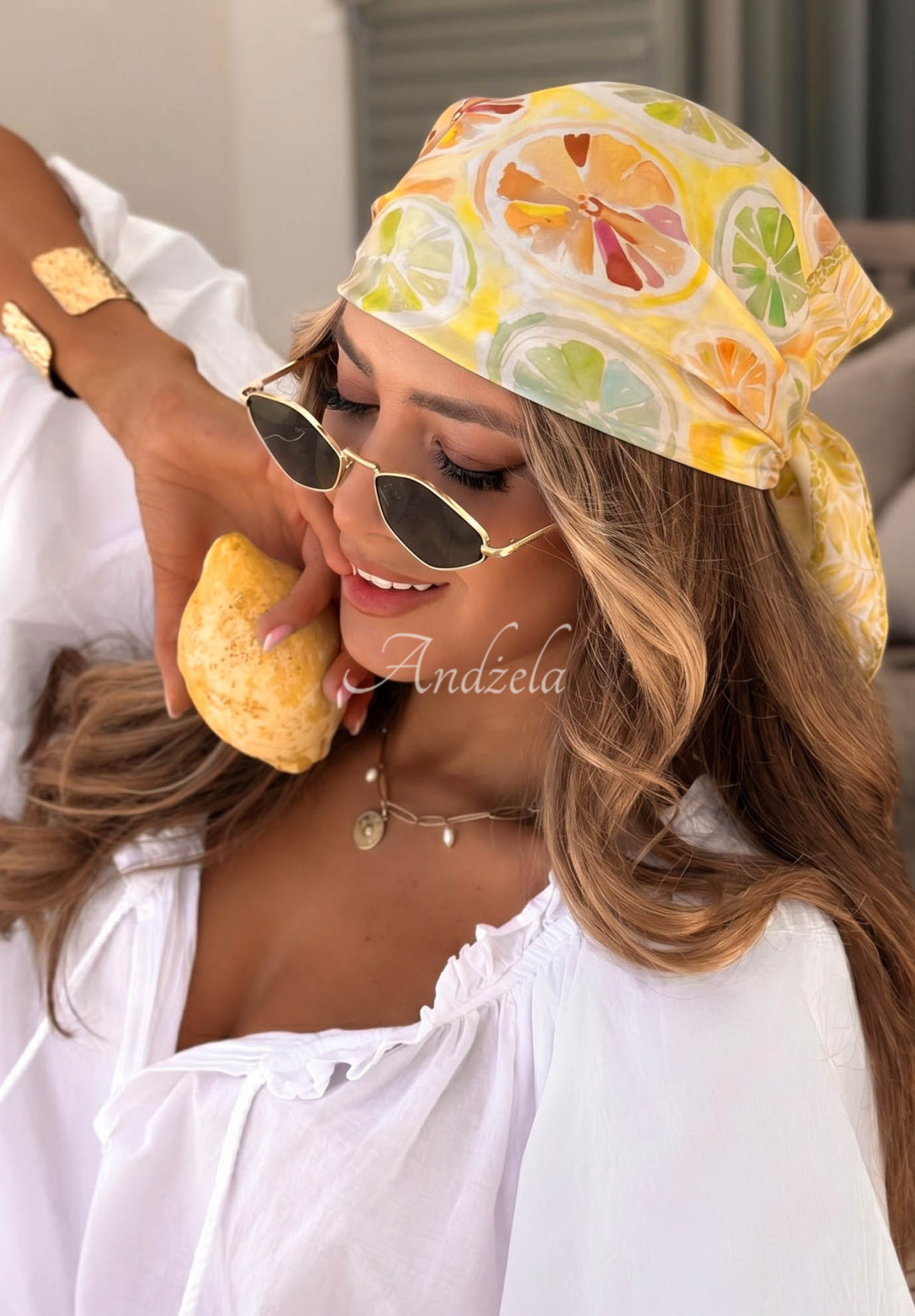 Eșarfă din viscoză cu imprimeu cu lămâi Lemon Vibe