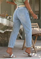 Pantaloni din denim mom fit z paskiem Look Around albastre