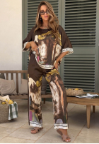 Satynowy Compleu Bluză i Pantaloni wide leg cu modele Solene de culoarea fisticului