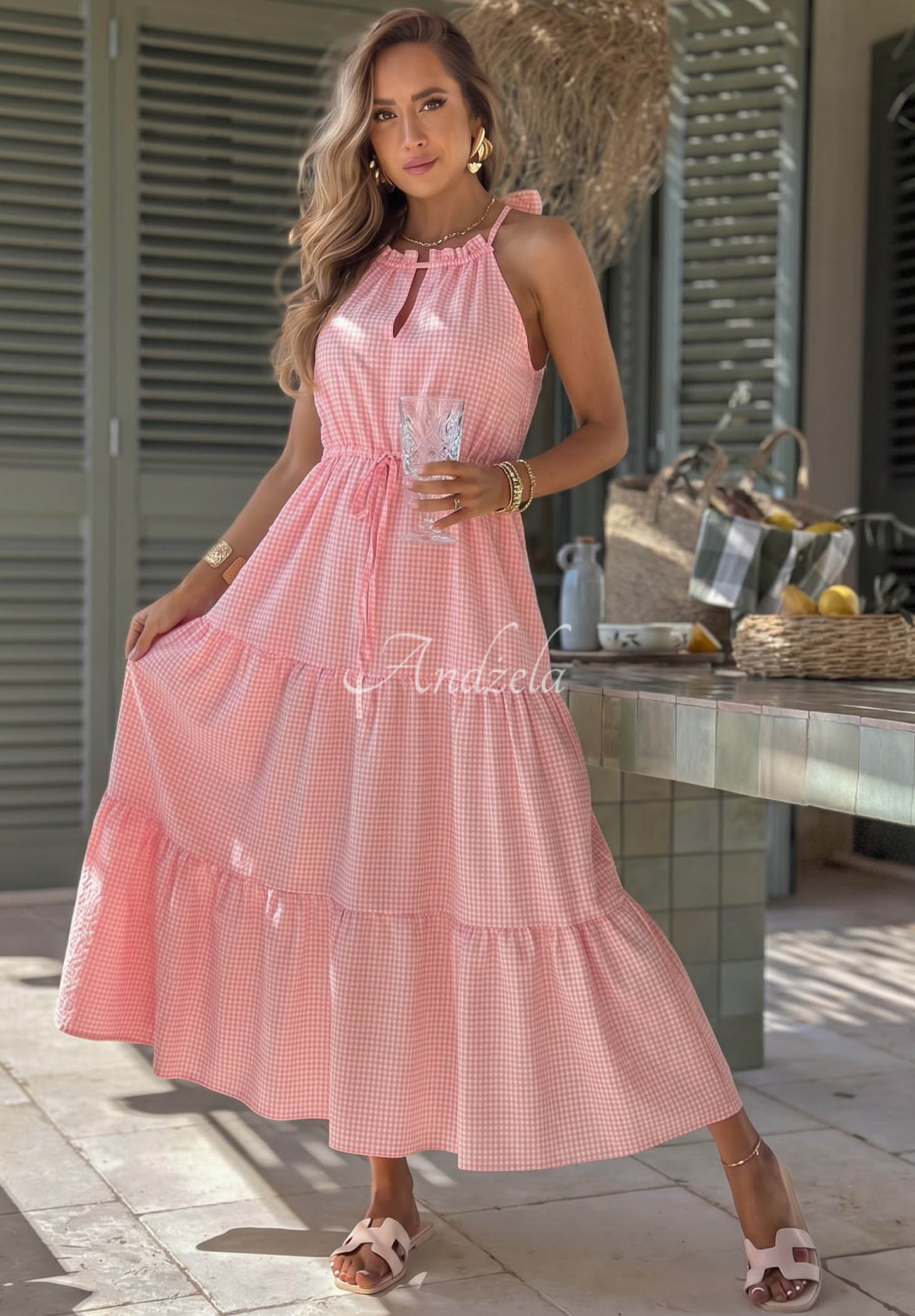 Rochie aerisită cu bretele în carouri din viscoză Summer Sorbet