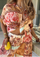 din material textil Pantaloni wide leg cu modele Riviera Sunset beżowo-portocalie