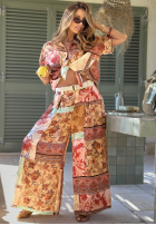 din material textil Pantaloni wide leg cu modele Riviera Sunset beżowo-portocalie