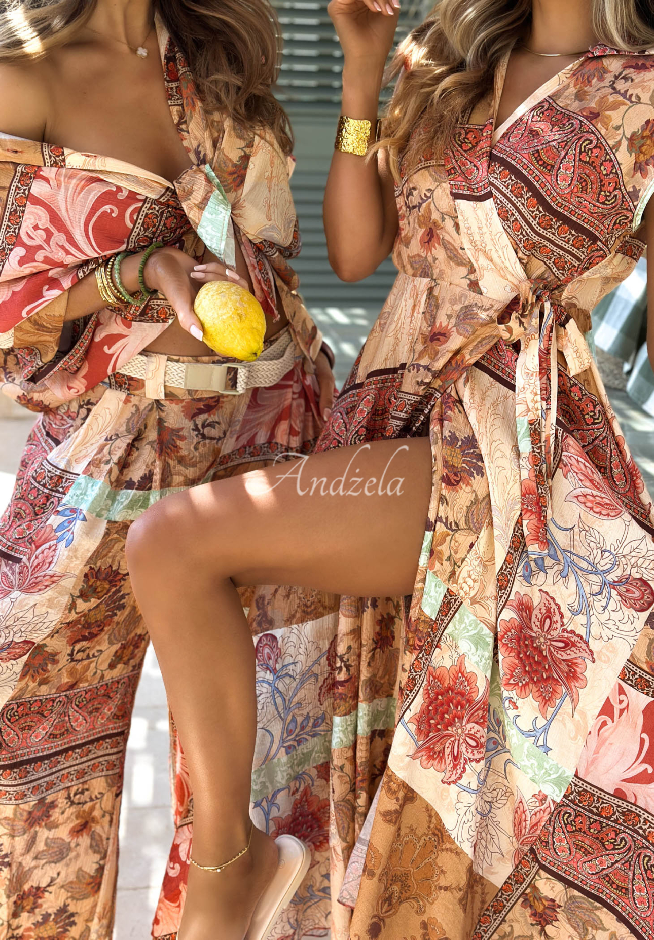 Pantaloni din viscoză wide leg cu imprimeu Riviera Sunset