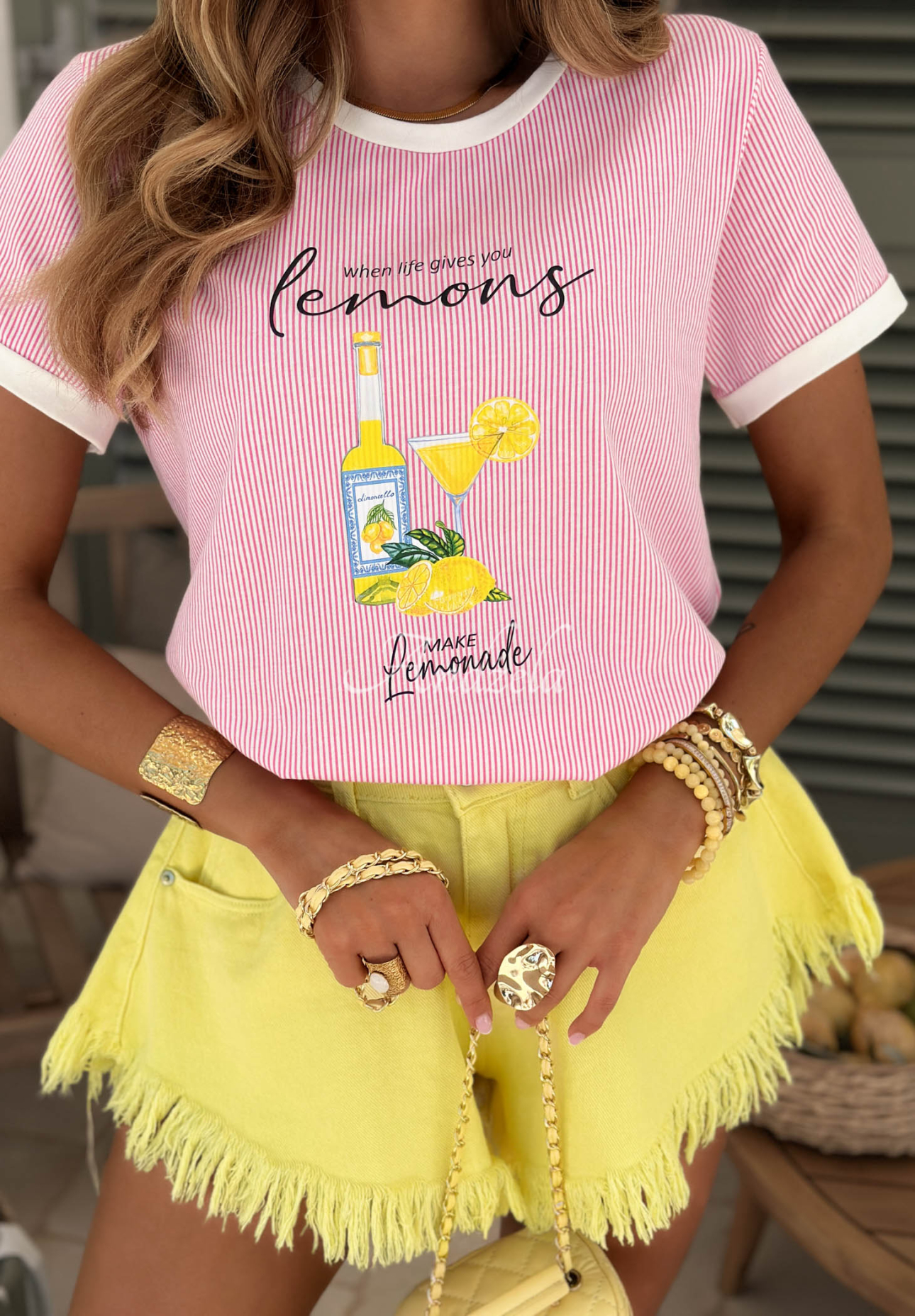 Tricou din bumbac cu dungi și imprimeu Make Lemonade