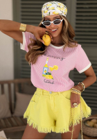 Tricou w paski z nadrukiem Make Lemonade roz