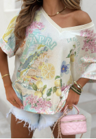 Wzorzysta Bluză oversize z dekoltem Dolce Capri ecru