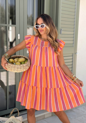Rochie din bumbac cu volănașe &icirc;n dungi colorate Island Sunshine