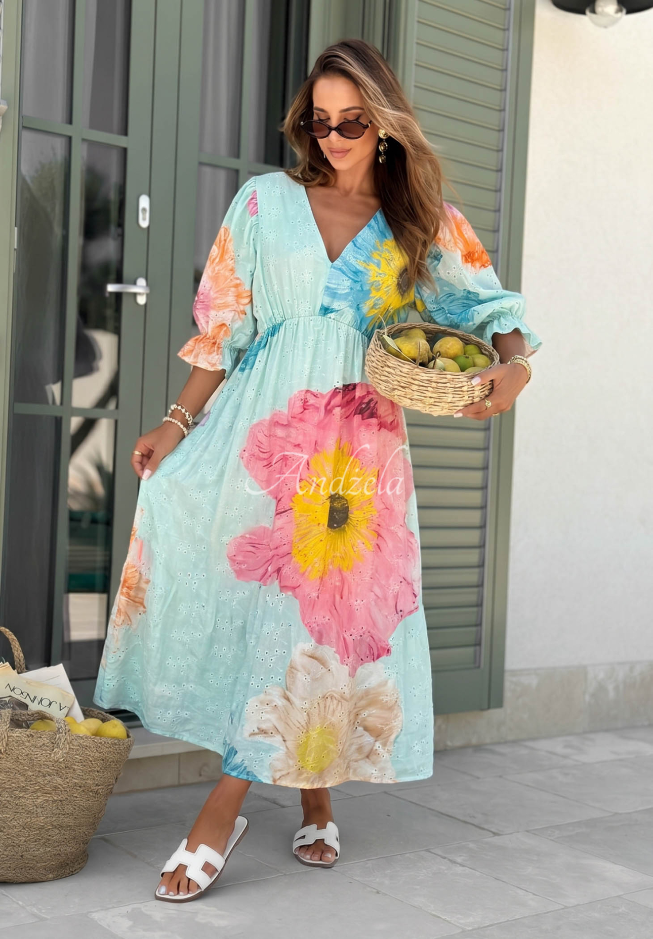 Rochie maxi din bumbac ajurată cu imprimeu floral Pretty Peony