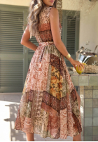 Wzorzysta Rochie midi na ramiączkach z paskiem Dolce Sunset ciocolatie